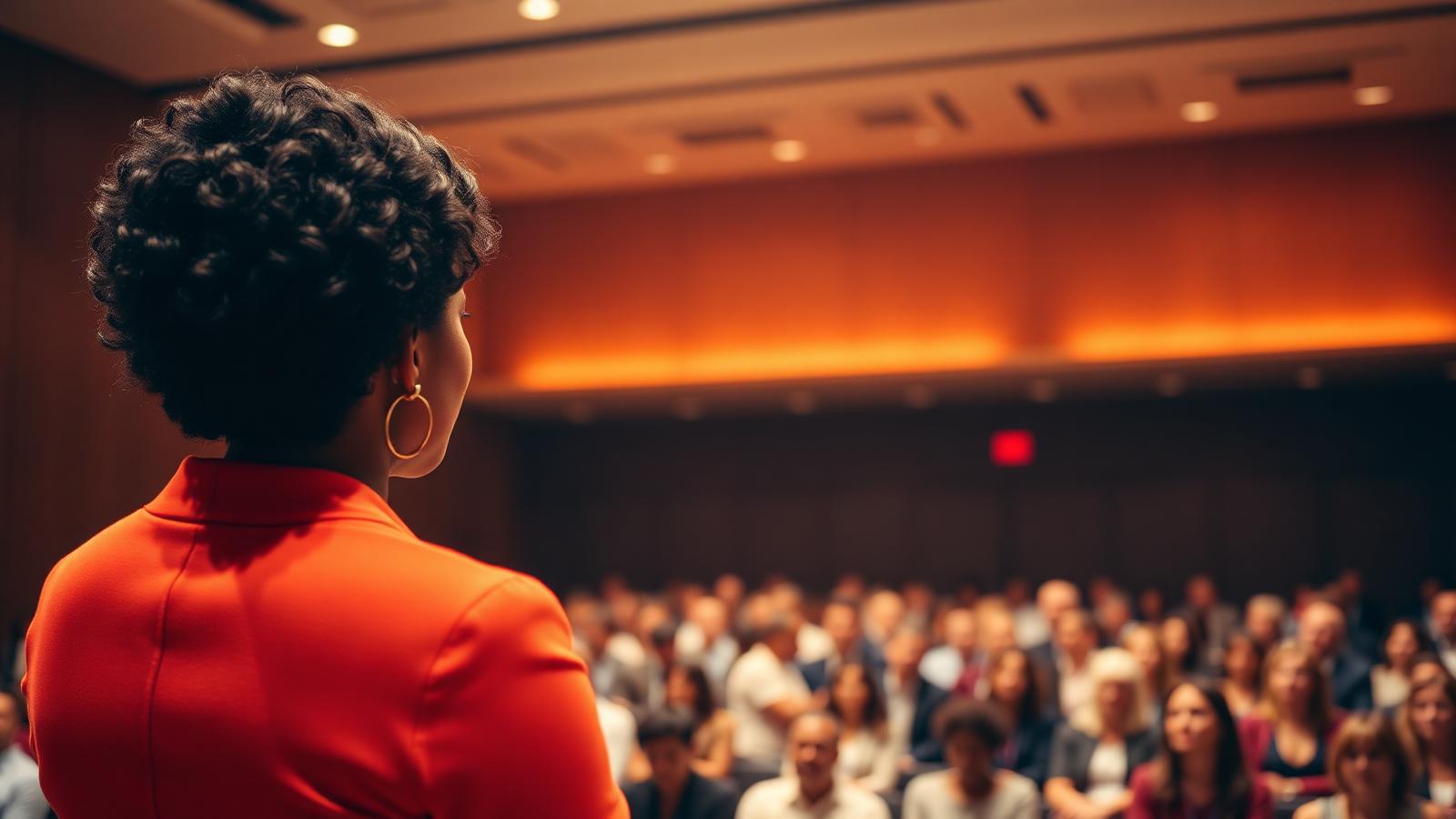 From behind the speaker, a full conference audience of professional women fills the room